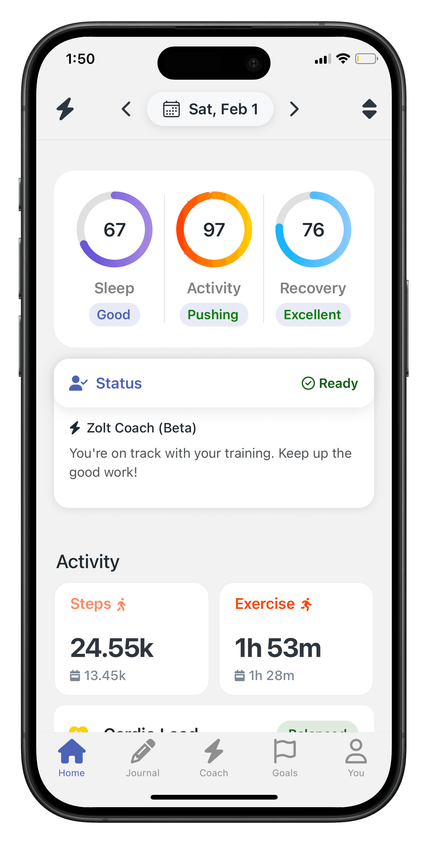 The Zolt home screen showing today's scores and calorie target